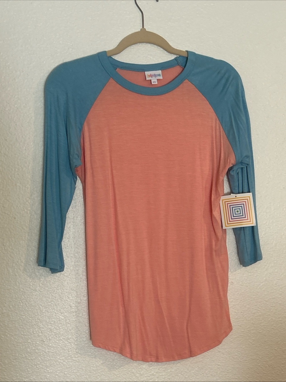LuLaRoe Randy T *NWT XS* Raglan Style Color Block Peach & Blue- Rayon/Spandex